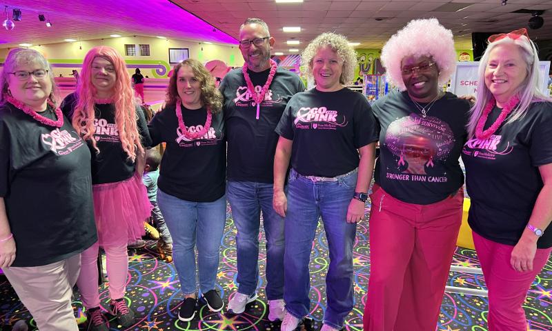 Bayhealth Go Pink at the Rink attendees shown are (l-r) Kathy Davidson, laboratory services supervisor; Lisa Lyons, laboratory services manager; Jennifer Sanderson, laboratory services section supervisor; Chris Dukes, senior director, laboratory services; Renee Sylvester, executive assistant to the chief nurse executive; Elander Simmons, laboratory section supervisor; and Kimberly Gillen, laboratory services manager. SUBMITTED PHOTO